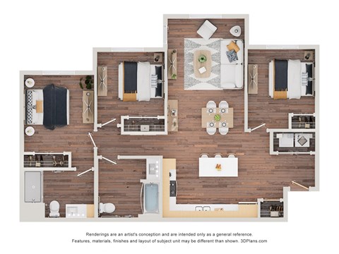 Floor plan for 3 beds, 2 baths, 1174 sqft
